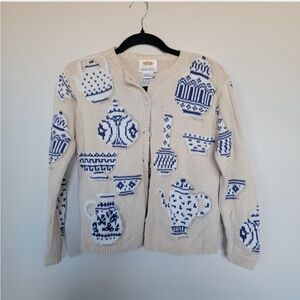 RARE Vintage Talbots Sweater Cardigan Chinoiserie Pottery size Xs S Blue White